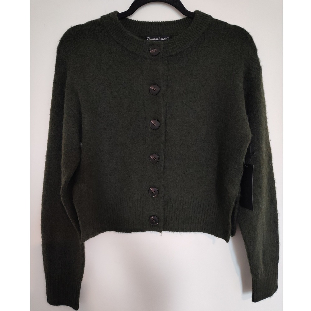 Christian Lacroix Womens Small Forest Green Wool Blend Cropped Cardigan Sweater